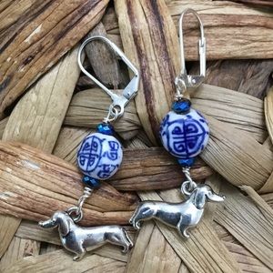 White blue dog earrings